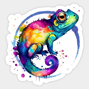 Colorful Chameleon Watercolor Splash Art Print - Blue Sticker